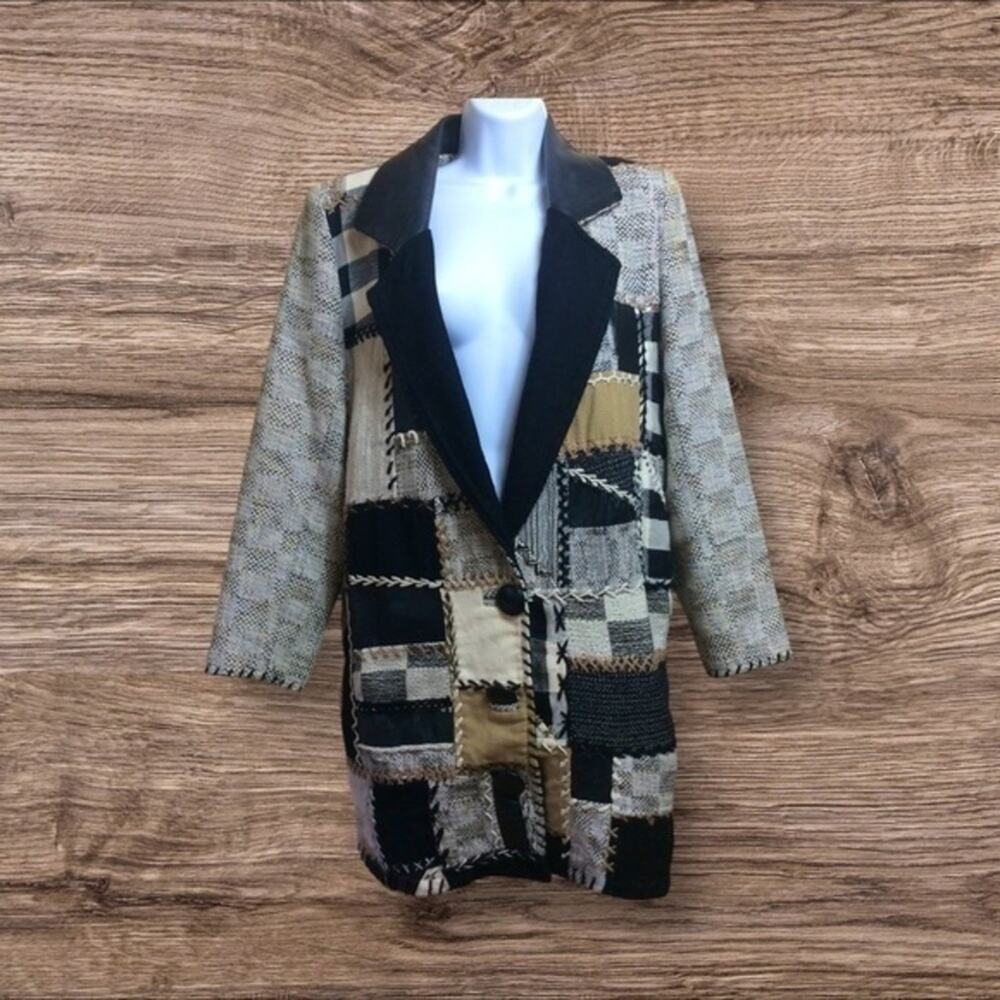 Vintage 80s Crystal leather trim patchwork tweed coat. Oversized. Medium.